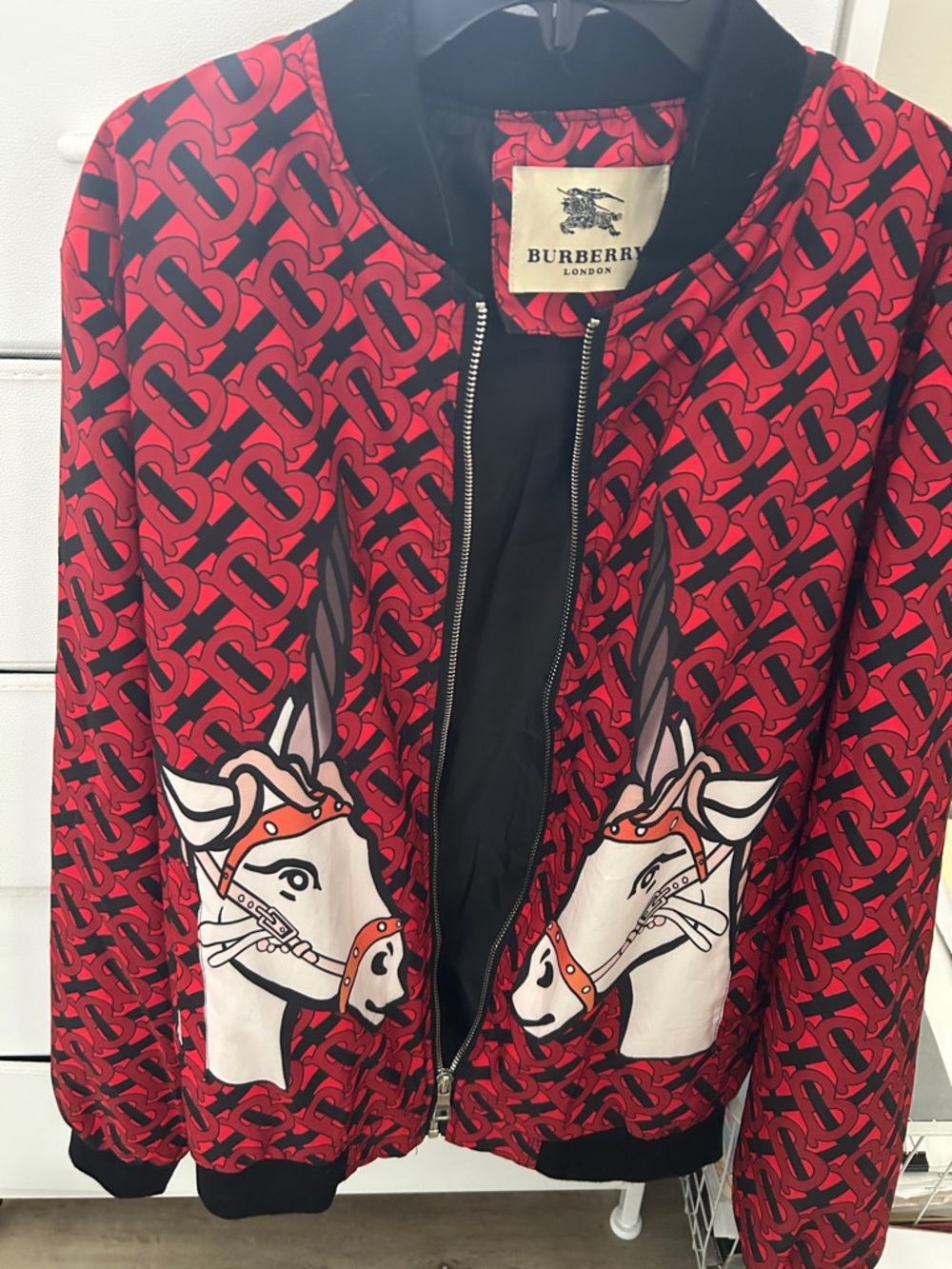 Burberry Red and Black TB Monogram Horse-Print Bomber Jacket